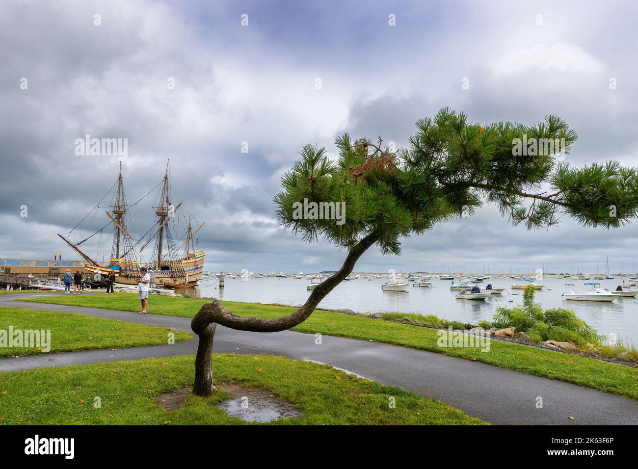 Plymouth, Massachusetts, USA - September 12, 2022: Another view from waterfront park of Cape Bay at Plymouth Harbor. Stock Photo