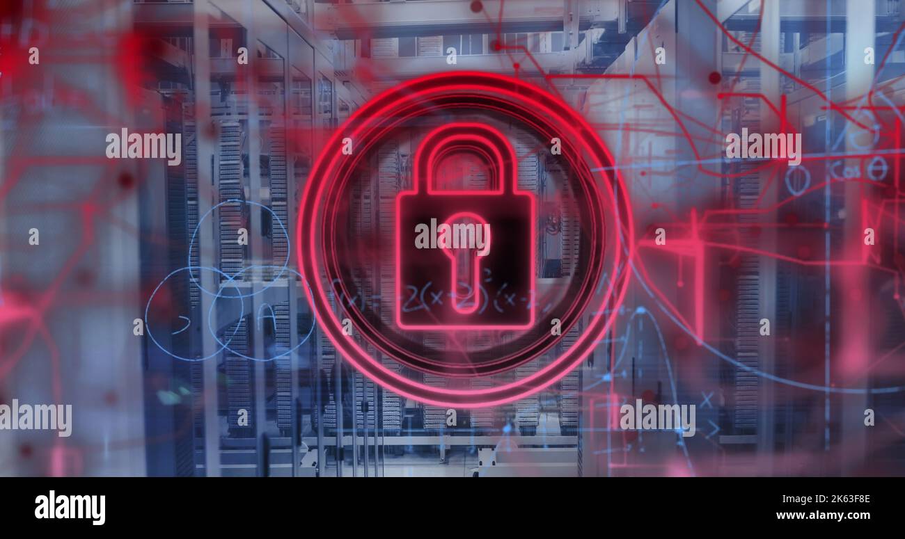 Image of data processing and padlock over server room Stock Photo - Alamy