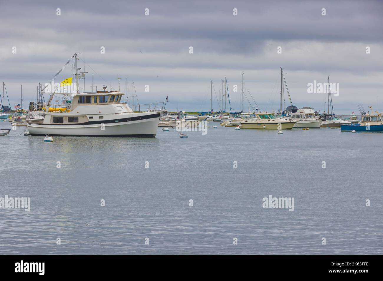 Plymouth, Massachusetts, USA - September 12, 2022: View of boats anchored on Cape Bay at Plymouth Harbor. Stock Photo