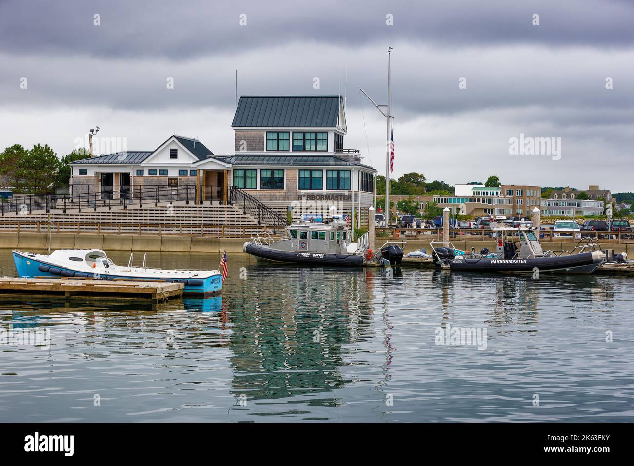 Plymouth, Massachusetts, USA - September 12, 2022: Harbor Master section of Plymouth Harbor on Cape Bay Stock Photo