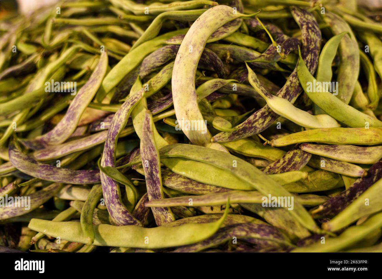String beans on the market counter. Close-up. Background Stock Photo