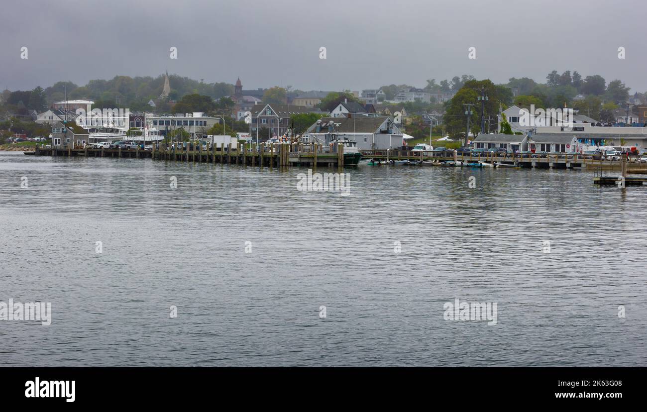 Plymouth, Massachusetts, USA - September 12, 2022: View of the waterfront at Plymouth Harbor on a wet misty day. Stock Photo