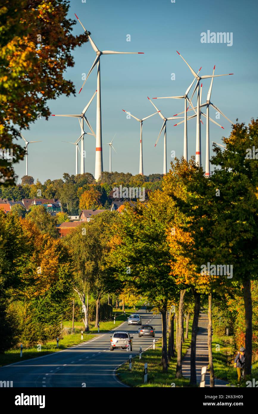 Wind farm near Lichtenau, B68 federal road, wind turbines, autumn, NRW