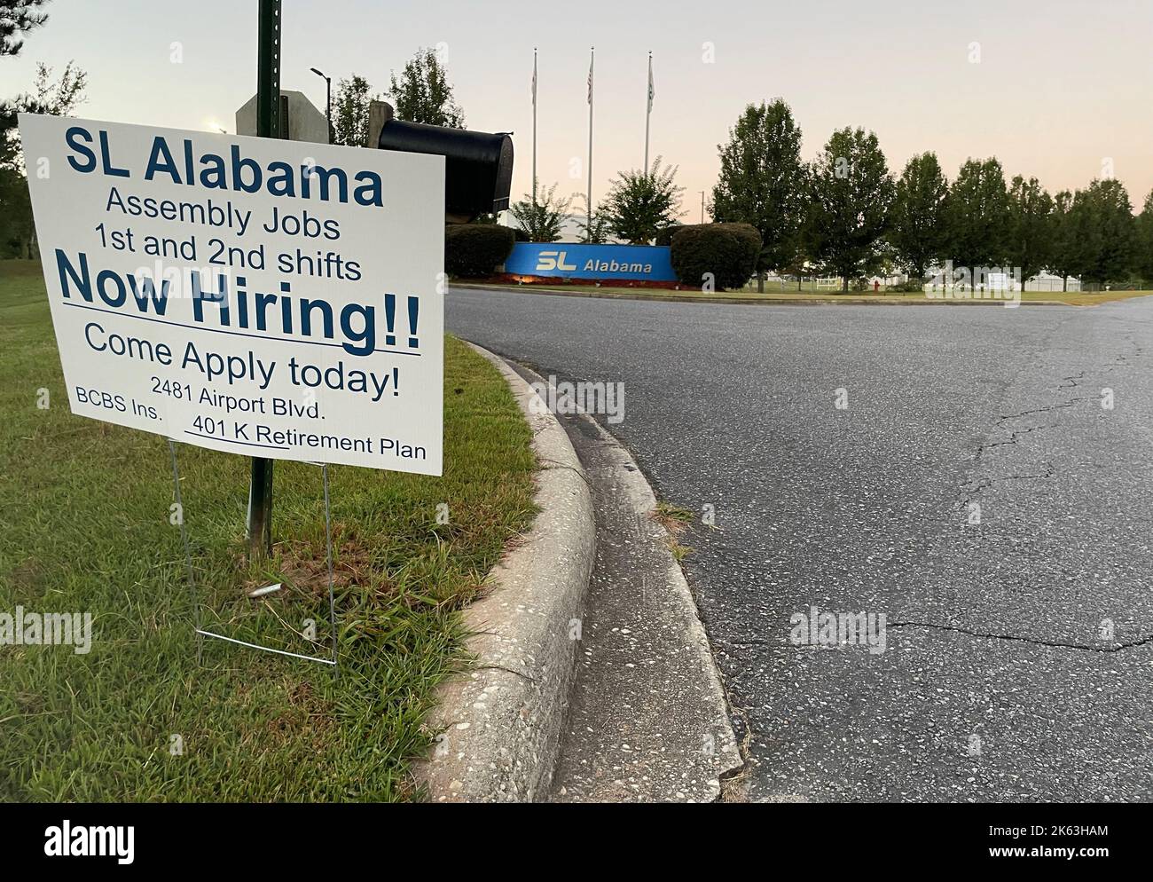 A sign is seen outside the auto parts supplier SL Alabama facility in