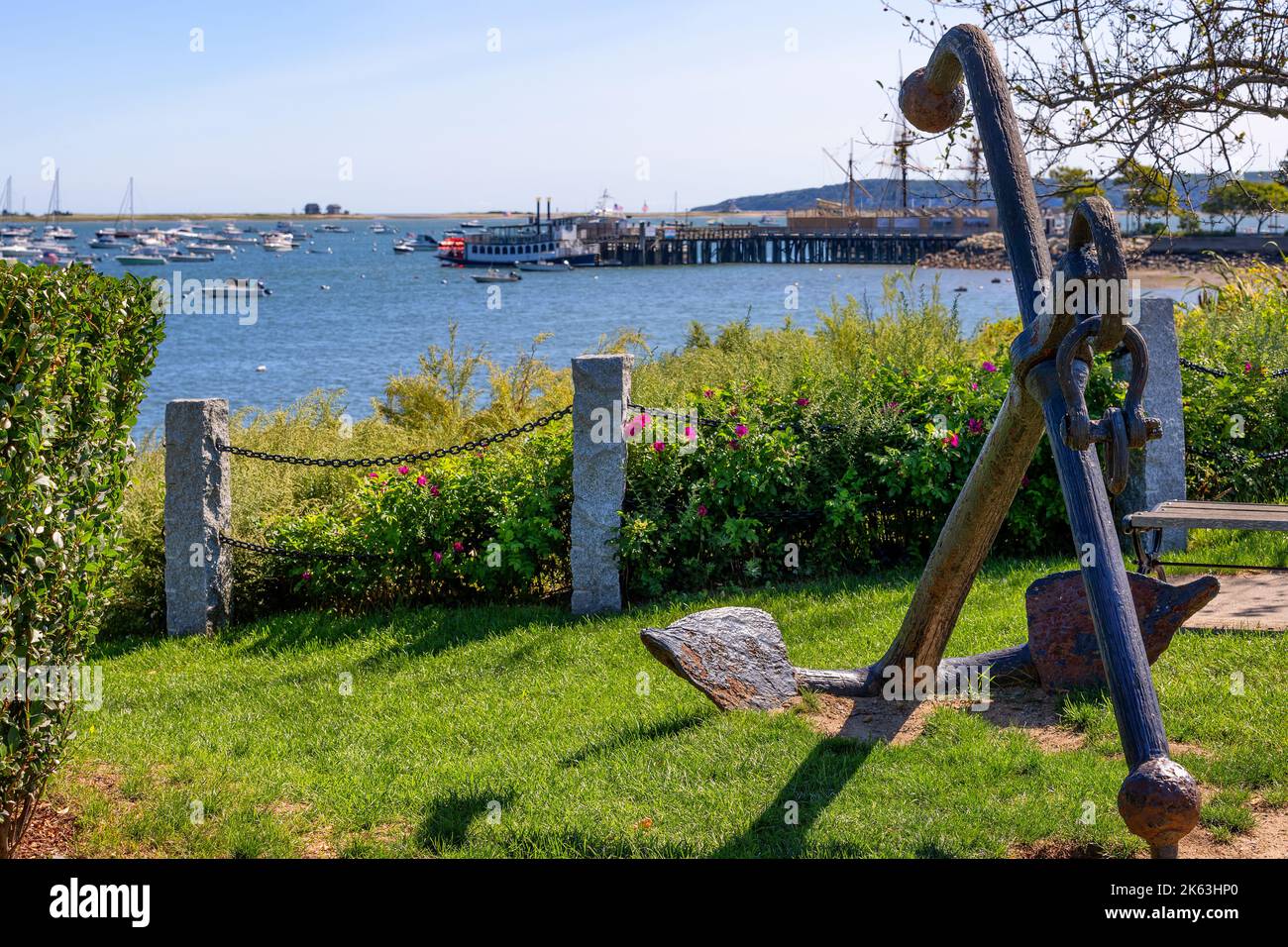 Plymouth, Massachusetts, USA - September 15, 2022:Anchors located on the waterfront park at Plymouth Harbor Stock Photo
