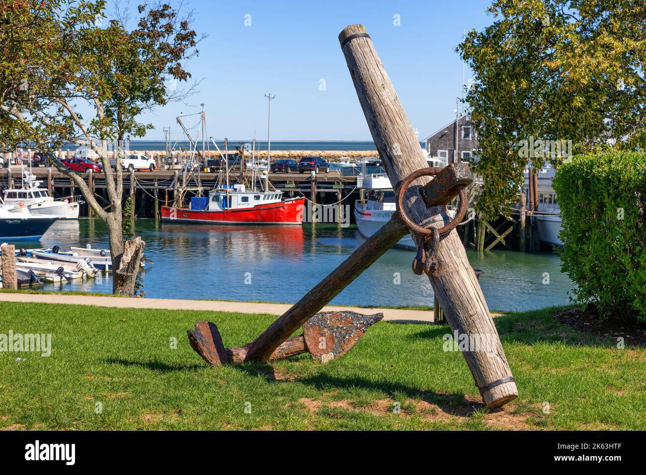 Plymouth, Massachusetts, USA - September 15, 2022:Anchors located on the waterfront park at Plymouth Harbor Stock Photo