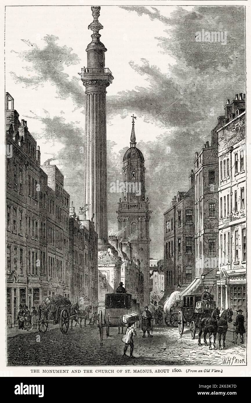 View of the Monument and the Church of St Magnus the Martyr in Lower Thames Street. The church was destroyed by the Great Fire of London in 1666, but rebuilt under the guidance of Sir Christopher Wren and reopened in 1676.     Date: circa 1800 Stock Photo