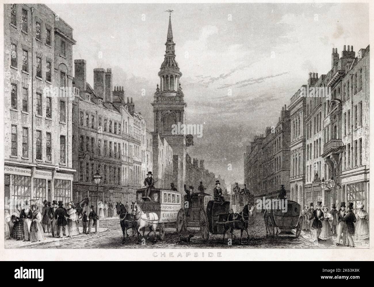 The Oxford Street bus heads for the Bank : St Mary-le-Bow church stands behind it.       Date: Circa 1840 Stock Photo