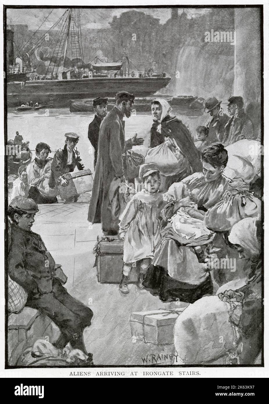 Emigrants just arrived off a steamer at the steps of Irongate, St. Katharine's Docks, in the City of London, where they are met by a man who speaks their language and who can show them where to get some lodgings to start their new lives.         Date: 1900 Stock Photo