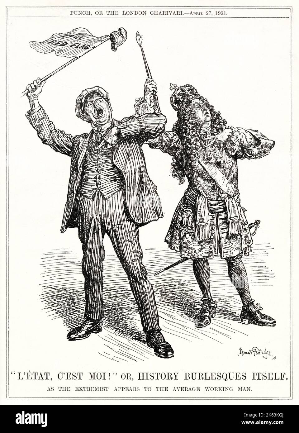 Cartoon, L'Etat, C'Est Moi! or, History Burlesques Itself -- dictatorship of the proletariat, showing a left-wing extremist just as detached from the common people as King Louis XVI was.      Date: 1921 Stock Photo