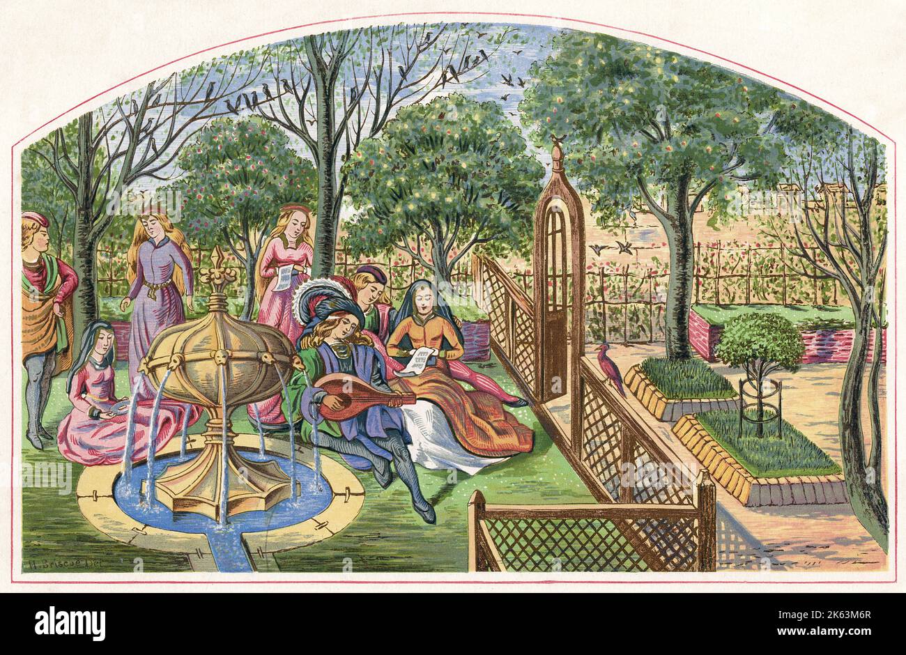 Aristocratic relaxation in the garden of Deduit - playing music as they sit round a decorative fountain Stock Photo