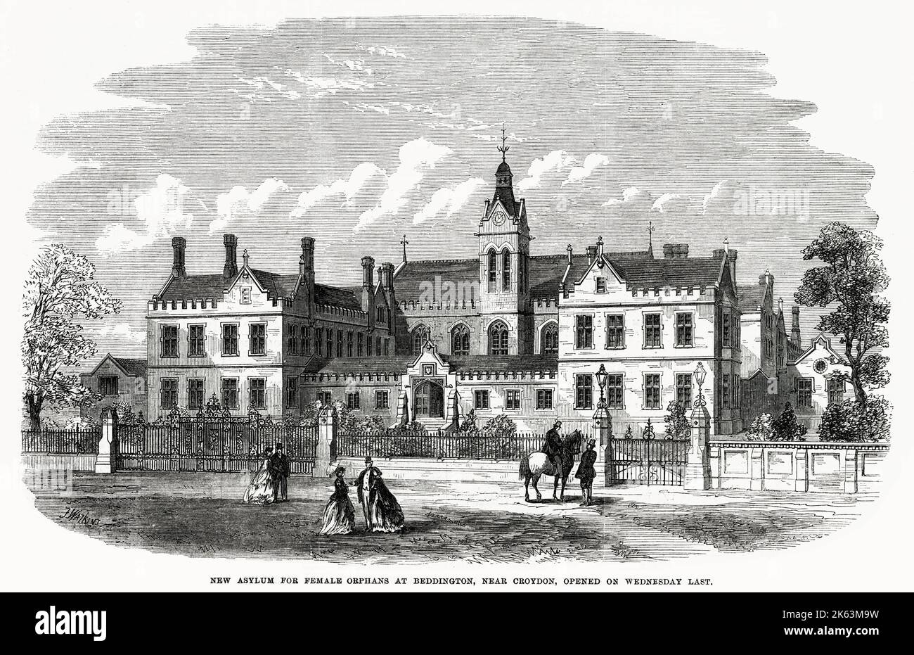 Exterior of the new asylum for girls under the age of twelve, at Beddington near Croydon. The girls were taught how to read, knit and sew and to work in the kitchen, with intension of making them 'good housewives and useful members of society.' Stock Photo