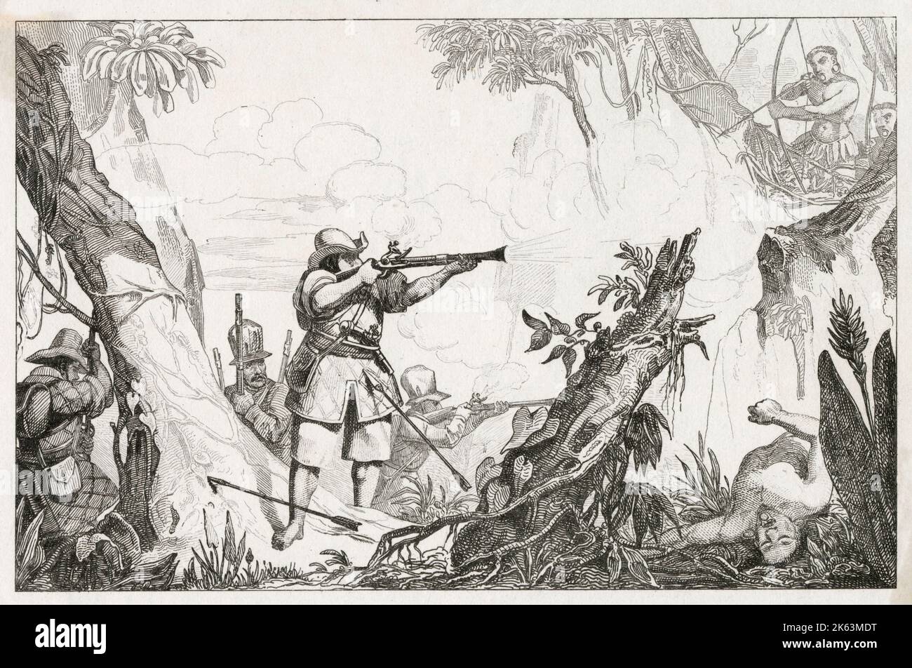 In fighting between the Portuguese and the natives, the musket proves its superiority to bows and arrows, despite the disparity of numbers     Date: circa 1600 Stock Photo