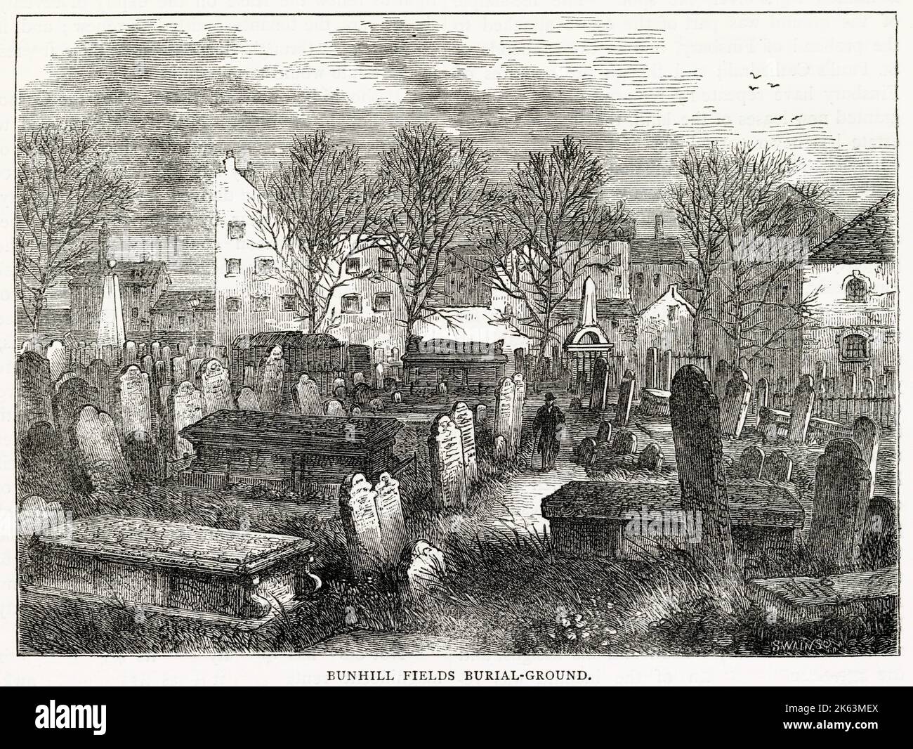 Cluttered rows of tombstones at Bunhill Fields burial ground, London