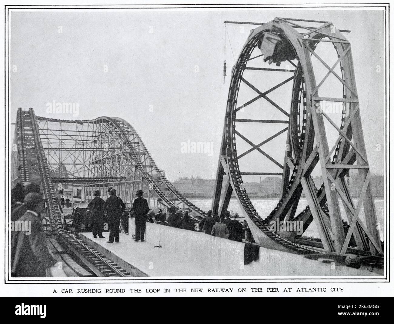 A car rushes round the loop at the Switchback on the pier at Atlantic City, America. Stock Photo