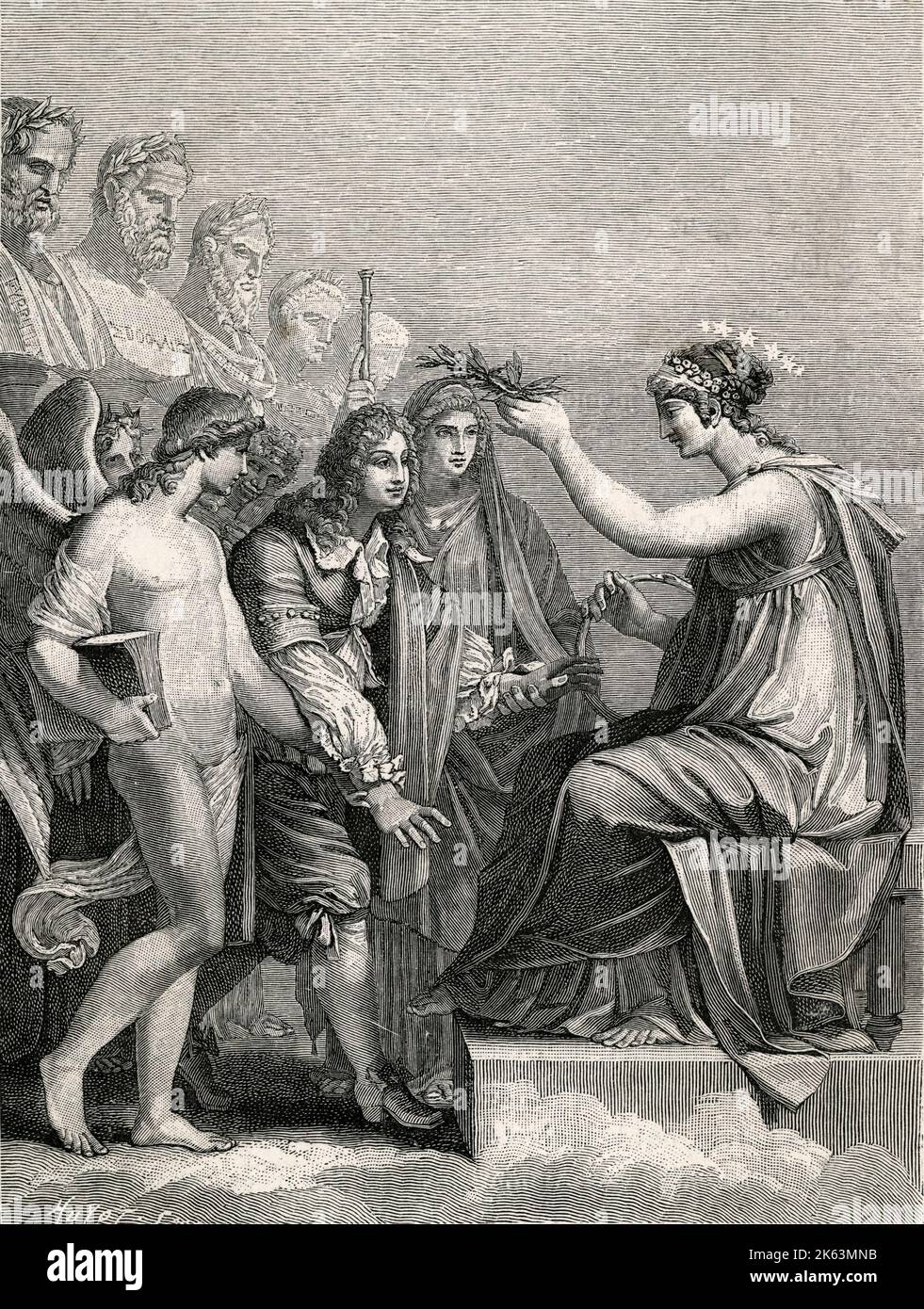JEAN RACINE  the French dramatist is led  forward by his muse and  Melpomene to be crowned by  Immortality     Date: 1639 - 1699 Stock Photo