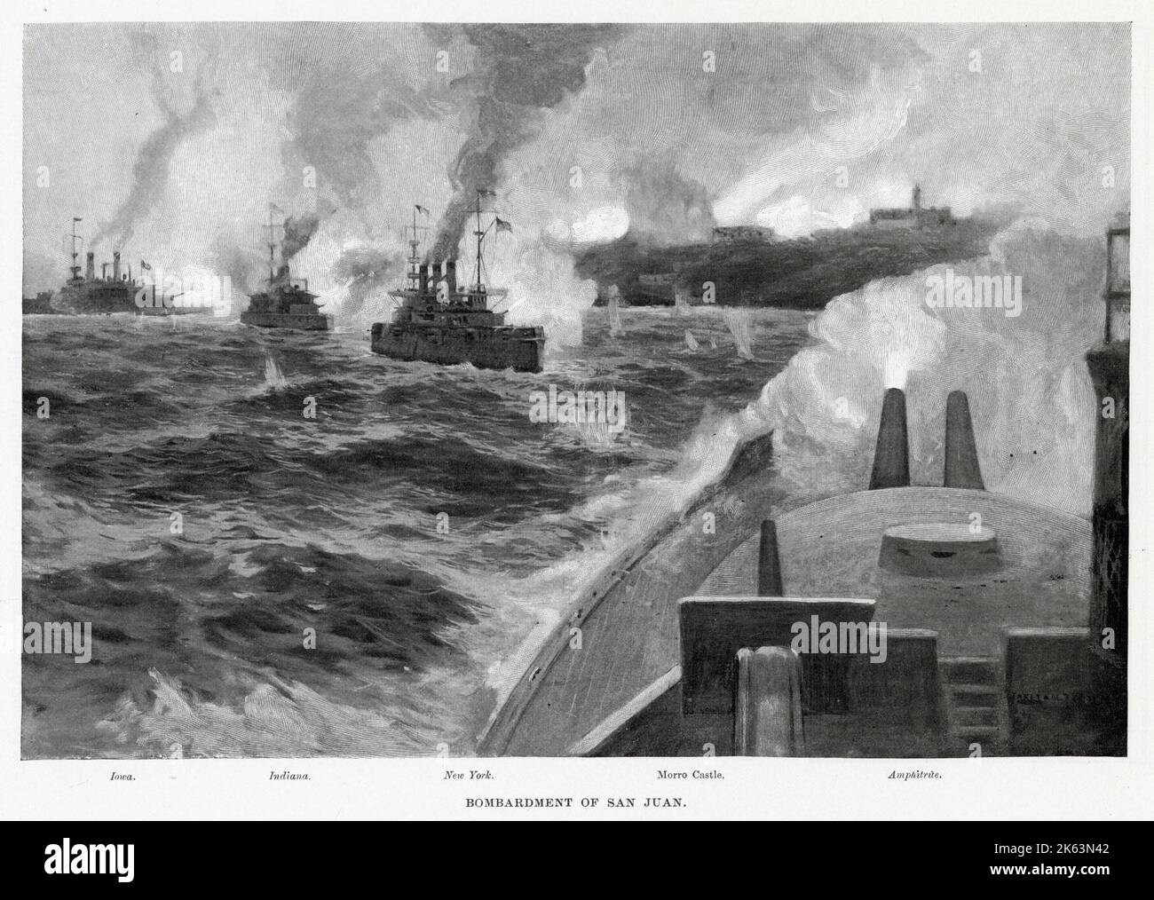 United States warships bombard San Juan, which will later be taken by the ground forces, including Theodore Roosevelt      Date: June 1898 Stock Photo