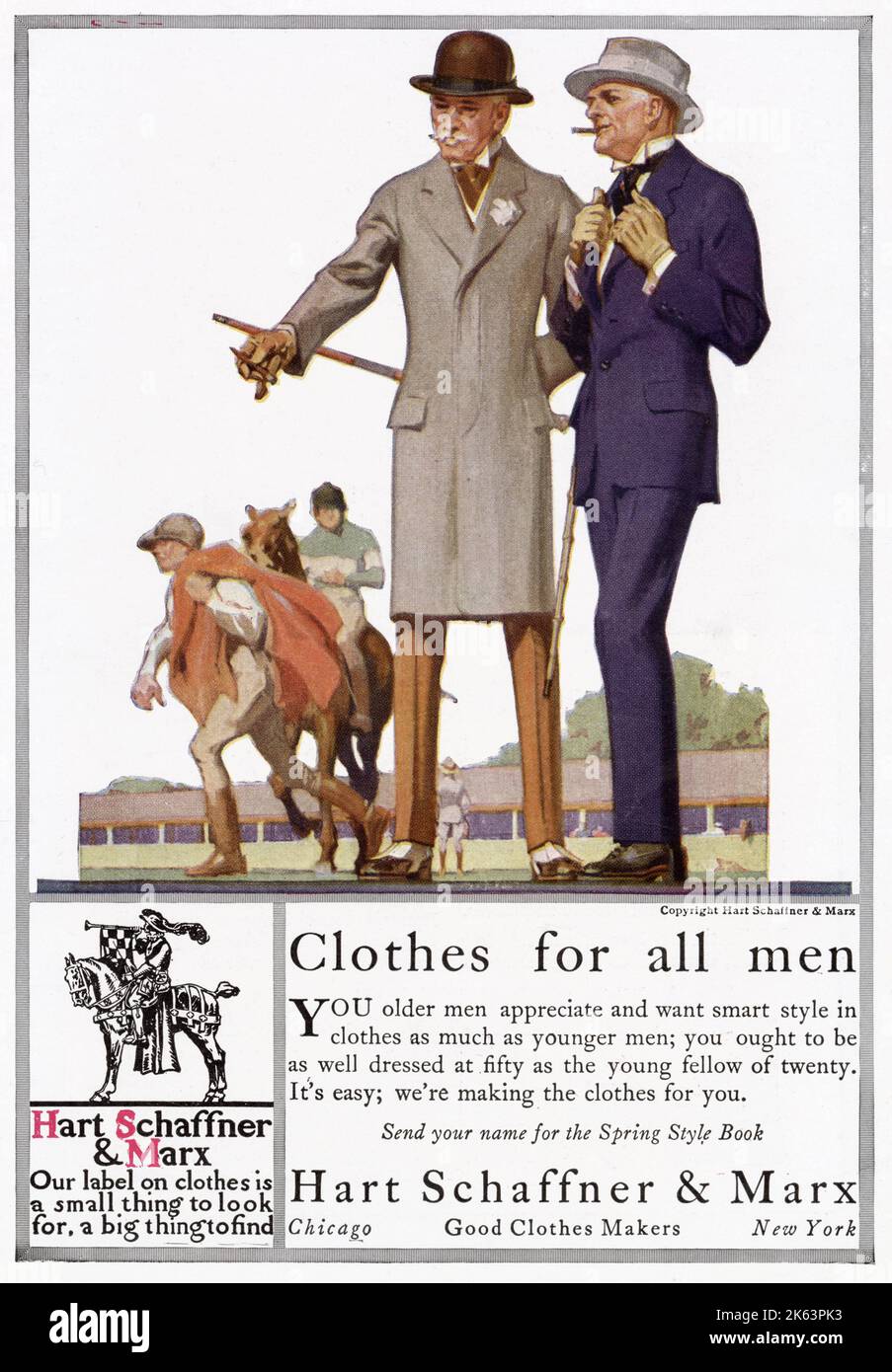 American men wear: cravat, fly-fronted overcoat, wing collar, spats, bowler hat, trilby & a S-B two-piece suit. Holding the lapels won't help the suit to last!     Date: 1916 Stock Photo