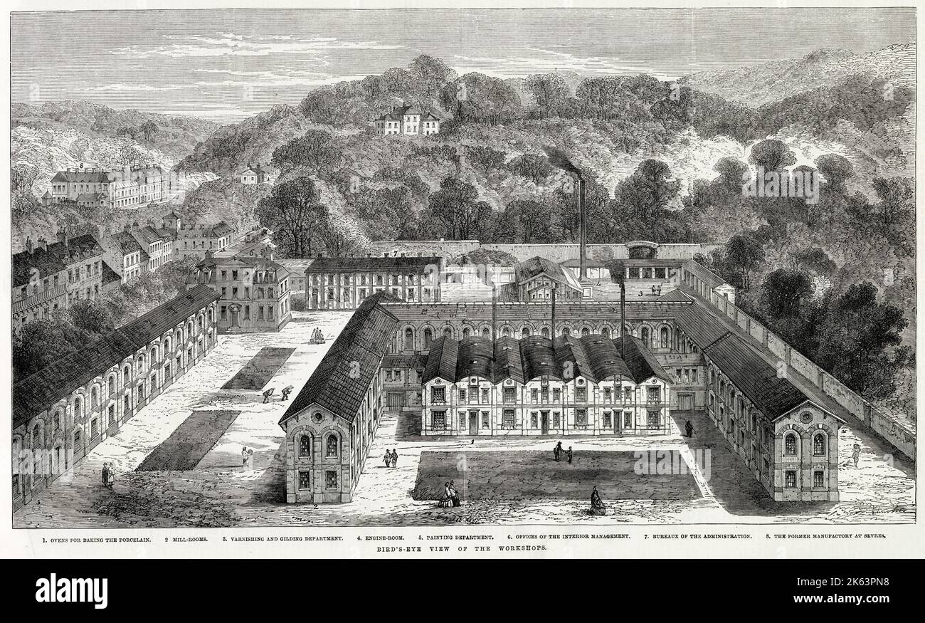 Bird's-eye view of the exterior of the new serves porcelain manufactory in the Park of St. Cloud in France.      Date: 1864 Stock Photo