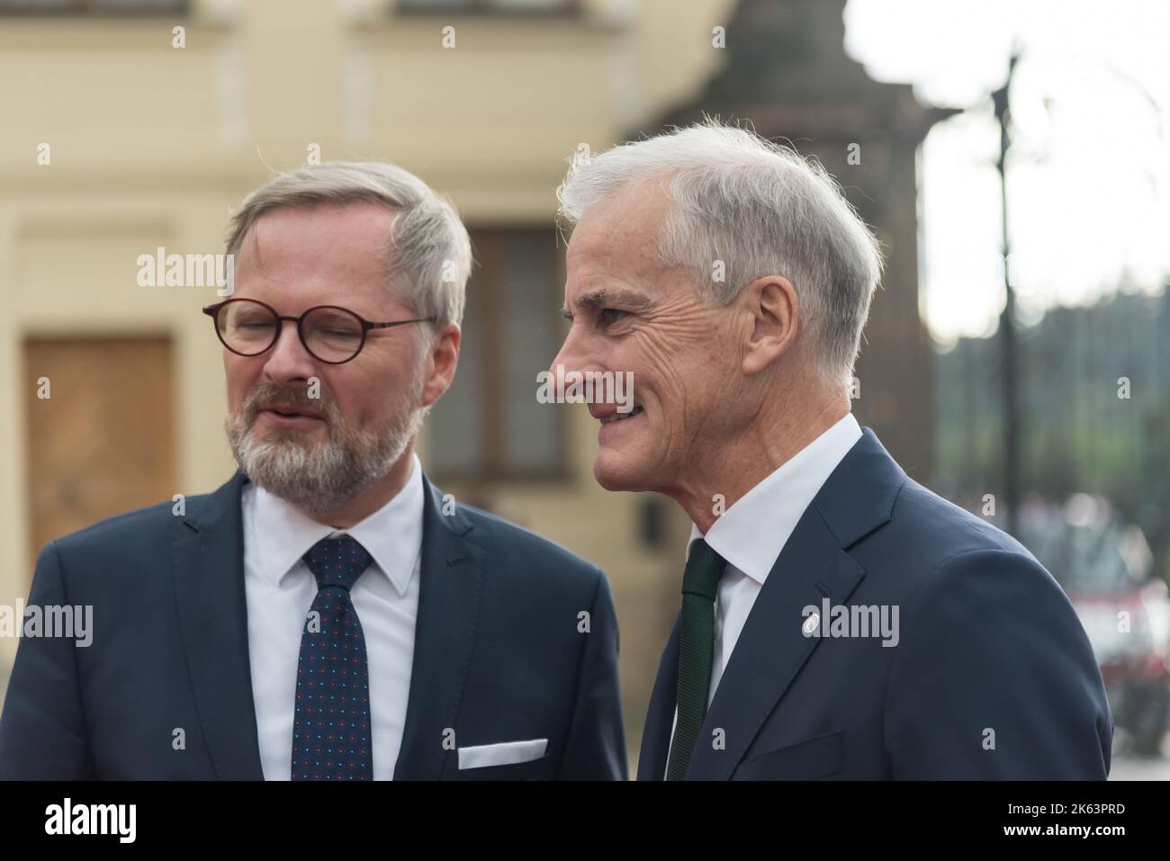 Czech Prime minister Petr Fiala (L) and Norway's Prime Minister Jonas Gahr Store (R) seen before the European Political Community summit in Prague. This is the first ever meeting of a wider format of member states of European Union and other European countries across the continent. Stock Photo