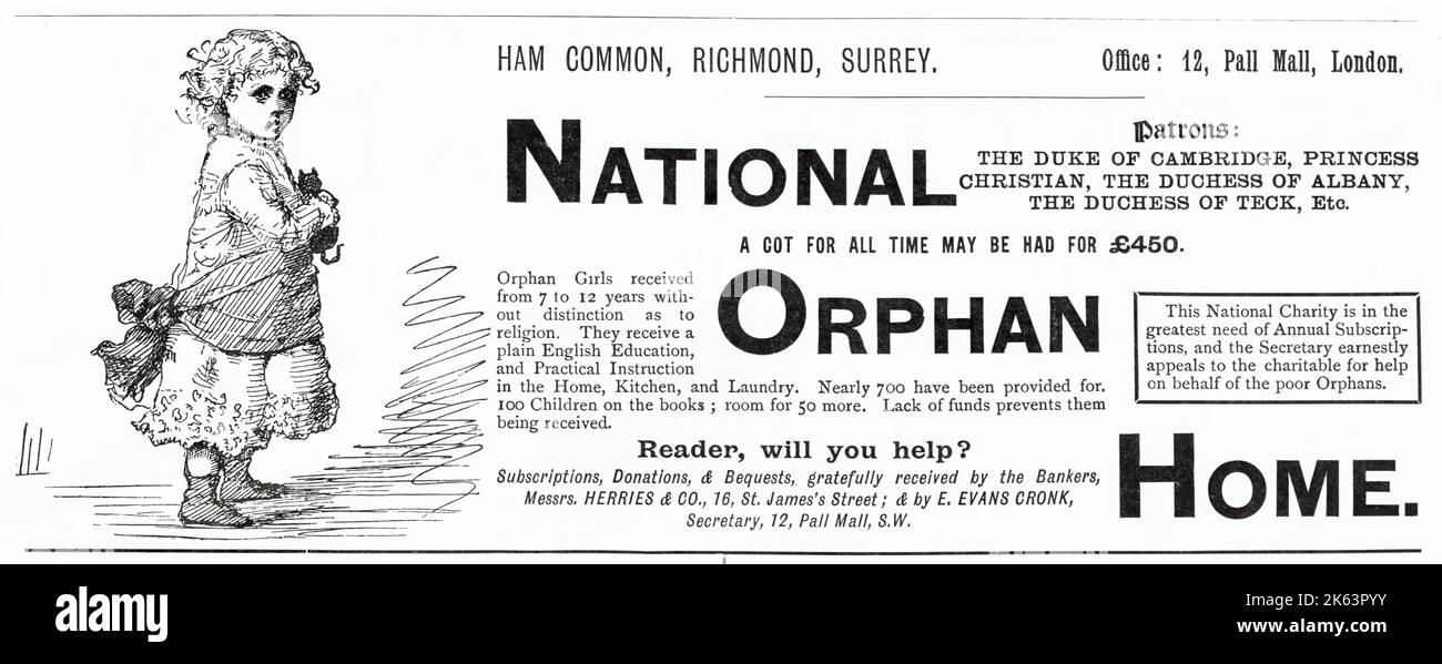 Advert for an annual subscription to donate money for orphan girls between the ages of 7 to 12 in Ham Common, Richmond, Surrey. Stock Photo