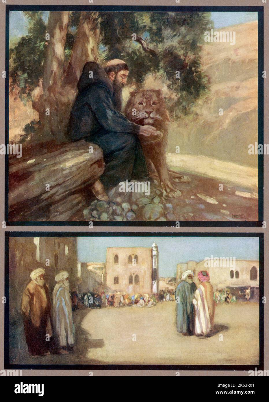 SAINT JEROME, living as a hermit, makes friends with a lion. Below, the