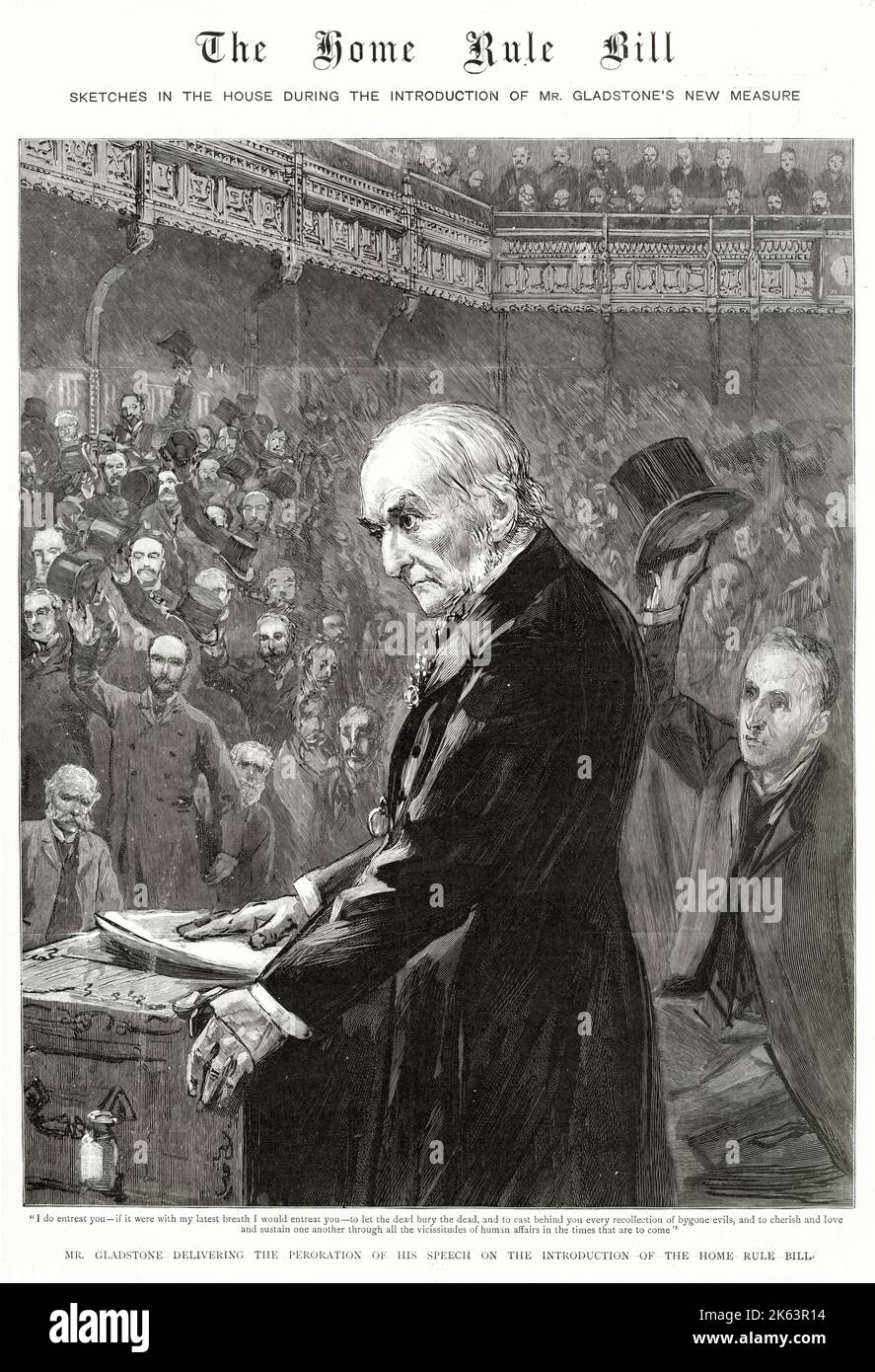 Prime Minister, William Ewart Gladstone (1809 - 1898), delivering the Peroration of his Speech on the Introduction of the Home Rule Bill, granting Ireland limited self-rule within the British Empire. Stock Photo