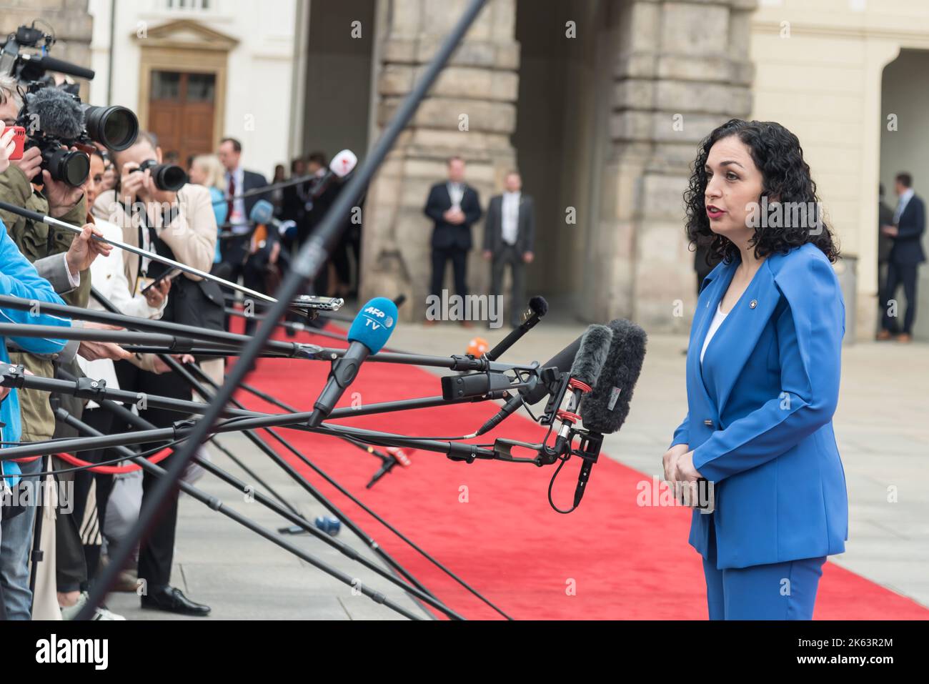President of Kosovo Vjosa OsmaniSadriu speaks to the media before the