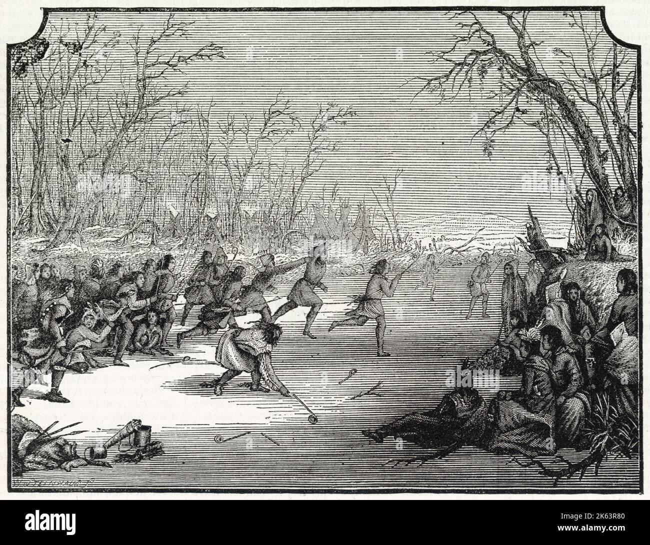 Lacrosse was first seen by Europeans when the French, under Charlevoix explored the Indigenous peoples of the United States, along the Lawrence and the lakes then inhabited by a tribe called the Algonquins. Stock Photo