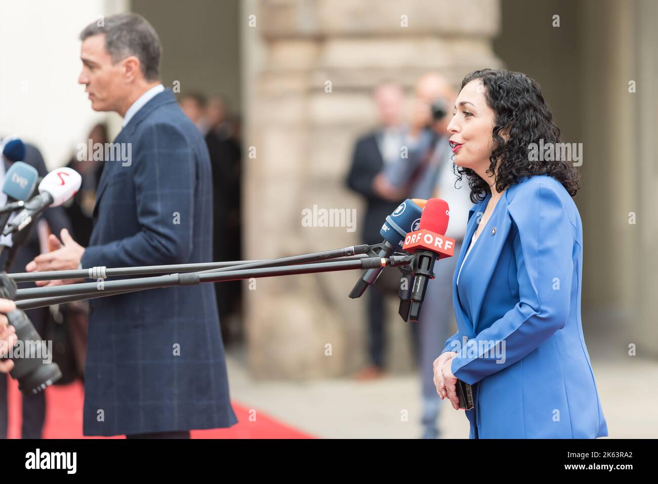 President of Kosovo Vjosa OsmaniSadriu speaks to the media before the