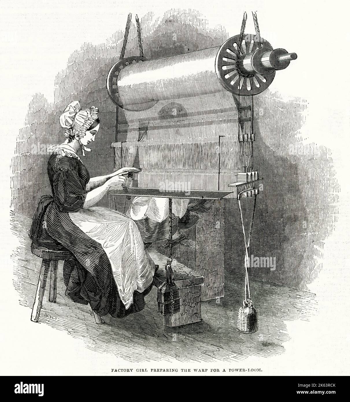 Factory girl seated at her frame, preparing the wasp for a power-loom in a large manufacturing town in the county of Chester. At the time the population of upwards of 18,000 people, with the principal portion of whom were engaged in cotton and the silk industry. Stock Photo
