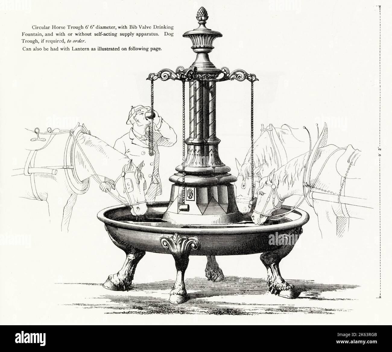 Cast iron circular horse trough with drinking fountain. Stock Photo