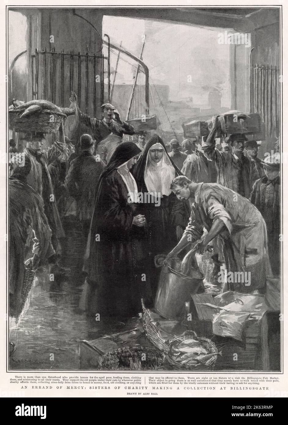 Eight sisters collecting fish for the poor at Billingsgate fish market, London.      Date: 1905 Stock Photo