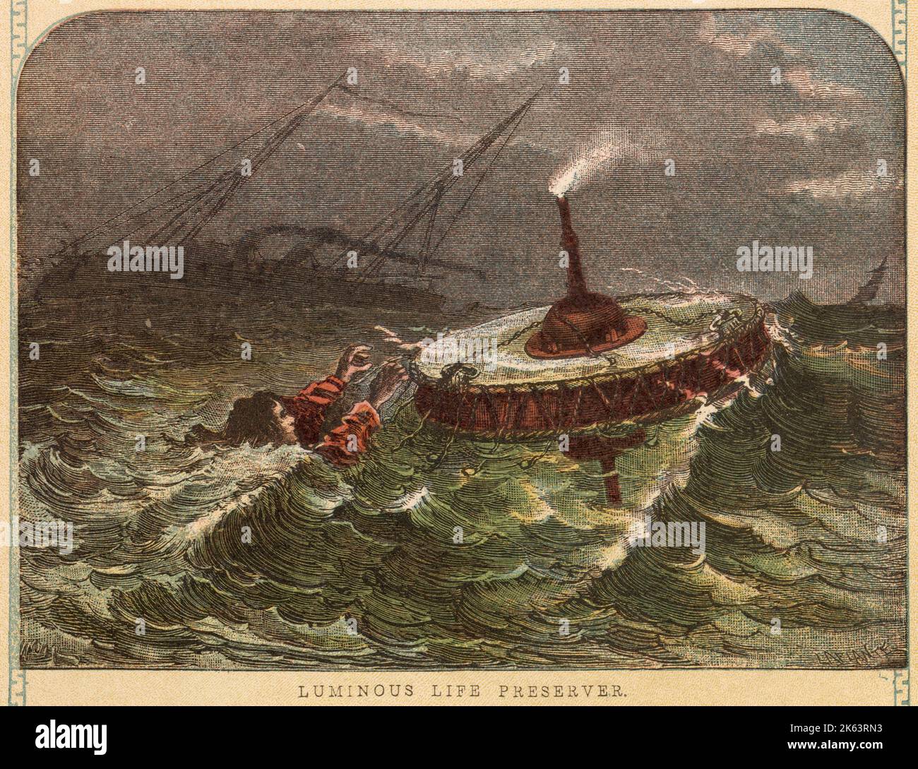 Luminous Life Preserver, to which survivors of a shipwreck may cling in hope of rescue.     Date: circa 1860 Stock Photo