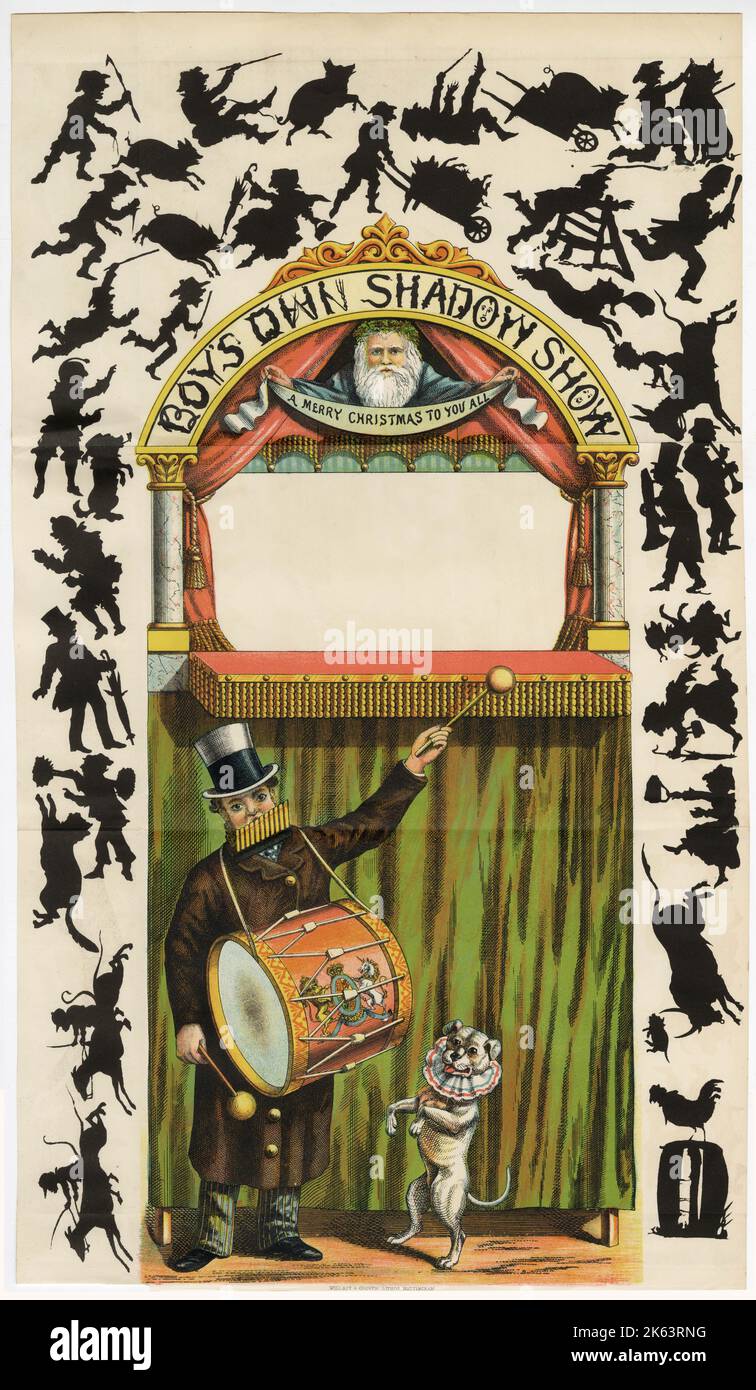 A fold-out page from 'The Boy's Own Paper' for a shadow show stand with various silhouettes surrounding, to be cut-out, to entertain children for Christmas.      Date: 1881 Stock Photo