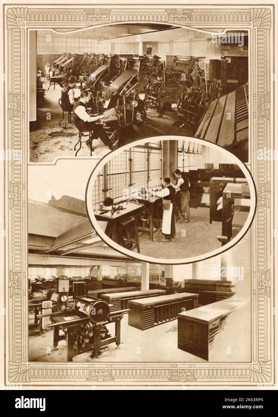 Some of the modern linotype machines which set the type for The Daily Mail in Northcliffe House in Kensington London. (Centre) Ludlow casters by which display type for headings and advertisements is swiftly handled. (Below) Another section of the composing room with machines used for matrices in the foreground. Stock Photo