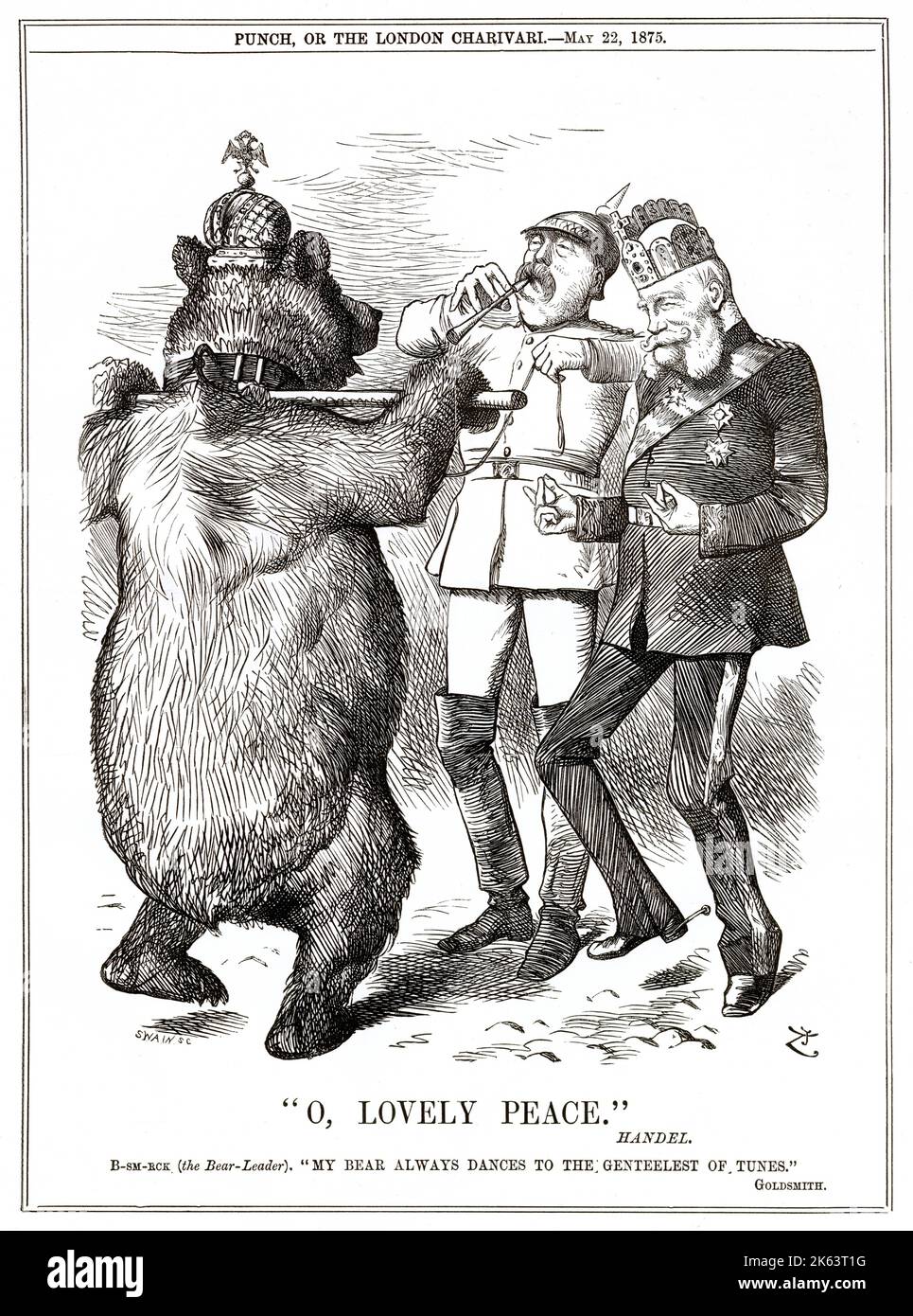 Otto von Bismarck playing the penny whistle, German Emperor William I and Russian bear dancing alone to the music. Stock Photo