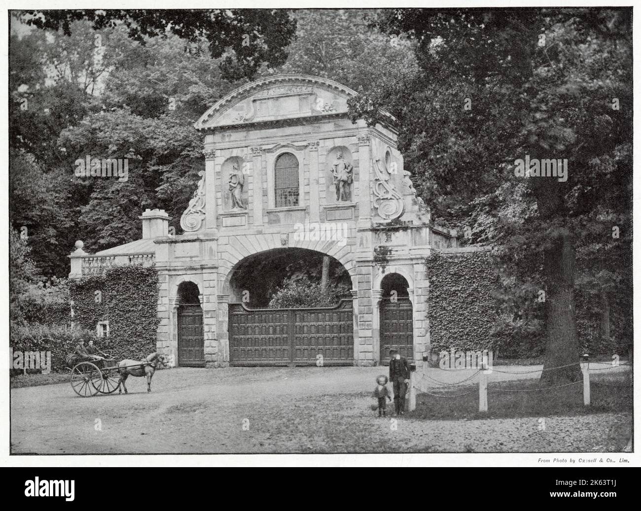 Built in 1670 Wren's Temple Bar was removed from the east end of the Strand in 1878, when the thoroughfare was widen and was put at one of the entrances to Theobalds Park, Waltham Cross. Stock Photo