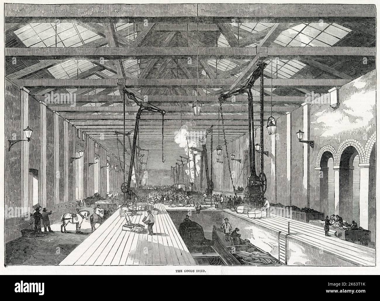 The interior of Great Northern Railway (GNR) was a British railway company incorporated in 1846 with the object of building a line from London to York. The canal enters the Thames at Limehouse and a branch line of rail is in course of construction to join the East and West India Dock line, so as without any transhipment to carry goods coming by rail direct to the ships. Stock Photo