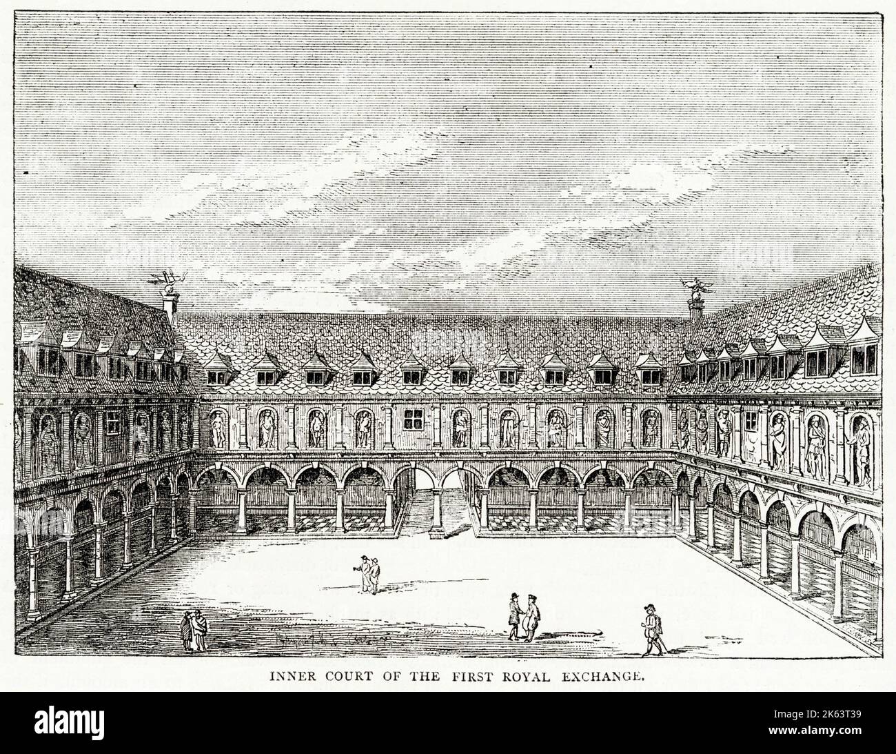 The courtyard of Thomas Gresham's Royal Exchange, modelled on the bourse at Antwerp : sadly, it will be destroyed in the Great Fire of 1666. Stock Photo