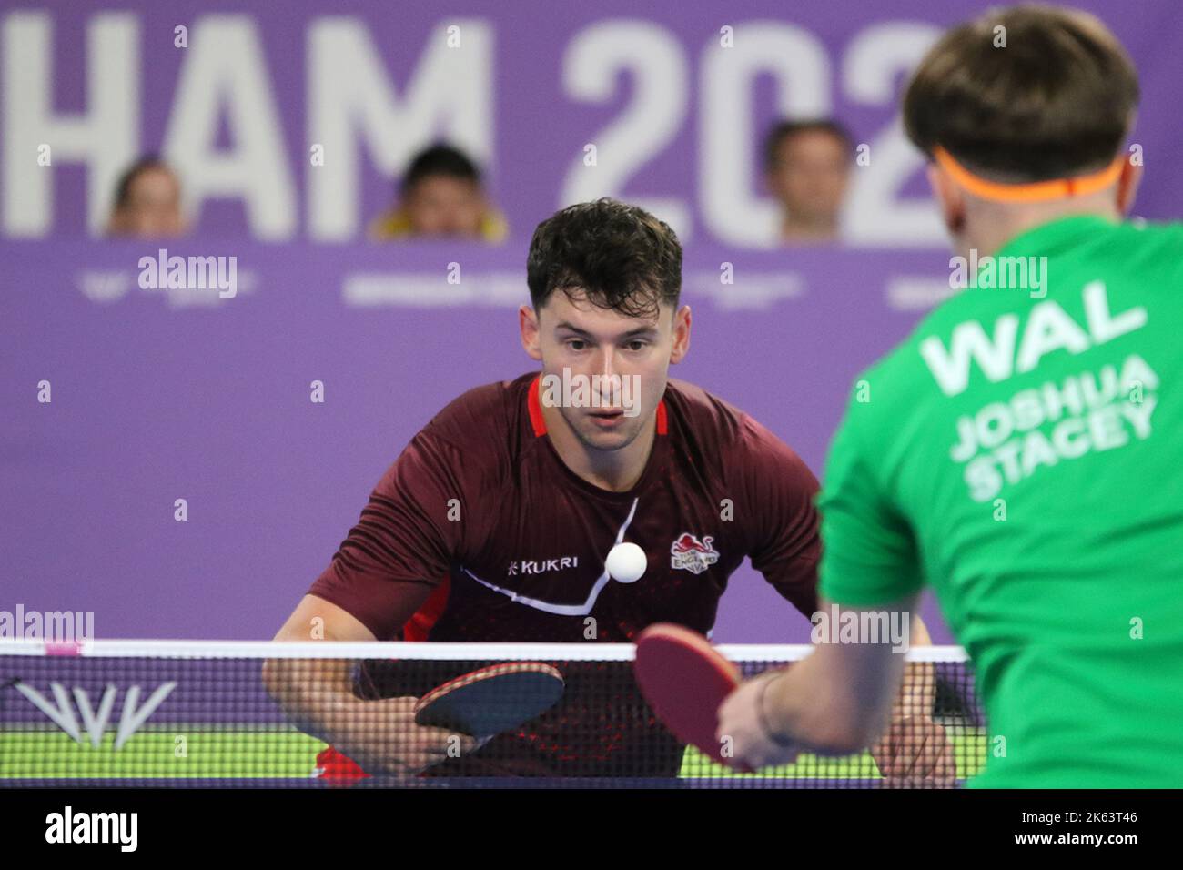 Ross WILSON of England (pictured) v Joshua STACEY of Wales in the Men's Singles Classes 8-10 - Semi-Final table tennis at the 2022 Commonwealth games in the NEC, Birmingham. Stock Photo