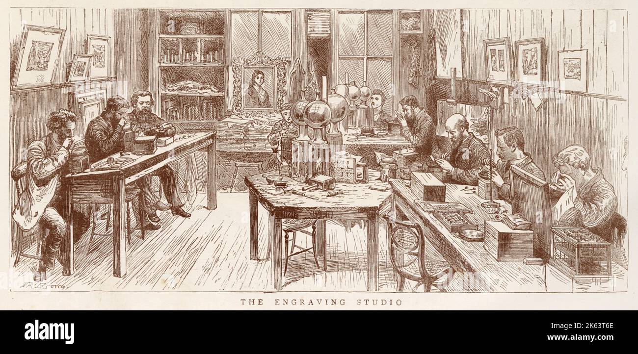 Interior of the studio where the engravings using tools and magnifying glasses to produce their work.      Date: 1881 Stock Photo