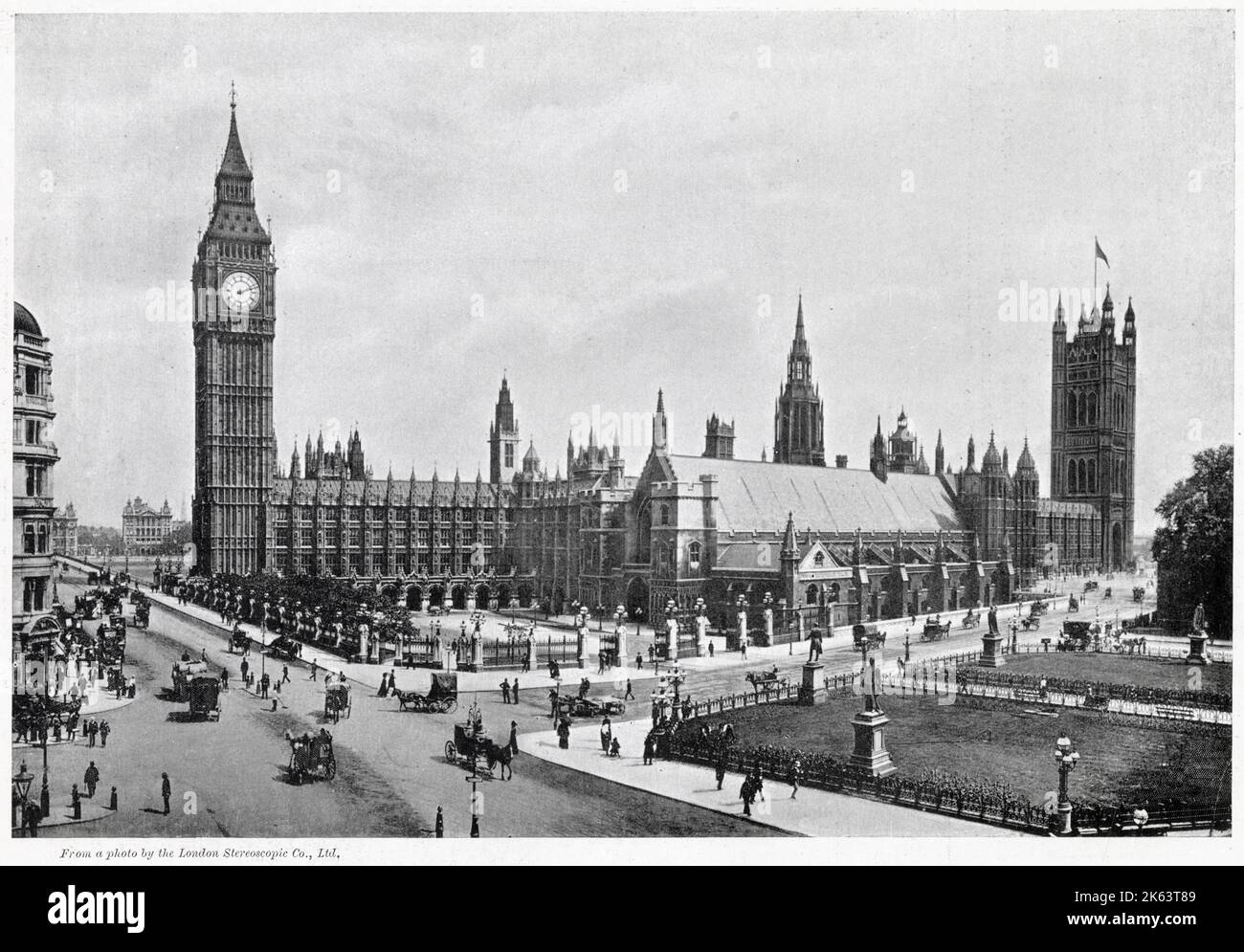 Exterior of Houses of Parliament and Westminster Hall and Parliament Square Gardens. Stock Photo