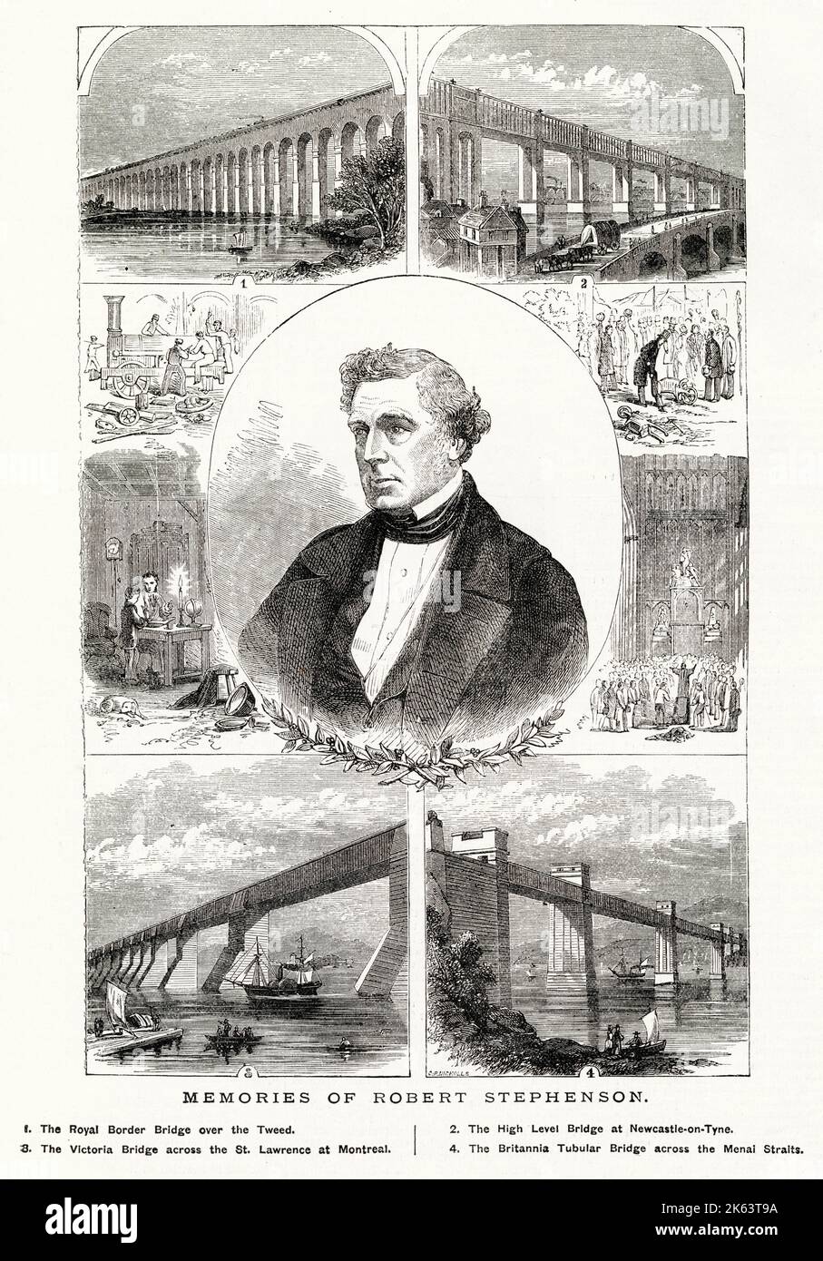 Robert Stephenson (1803 - 1859), English civil engineer and designer of locomotives. Montage of some of bridges that Stephenson had engineered in his lifetime. Stock Photo