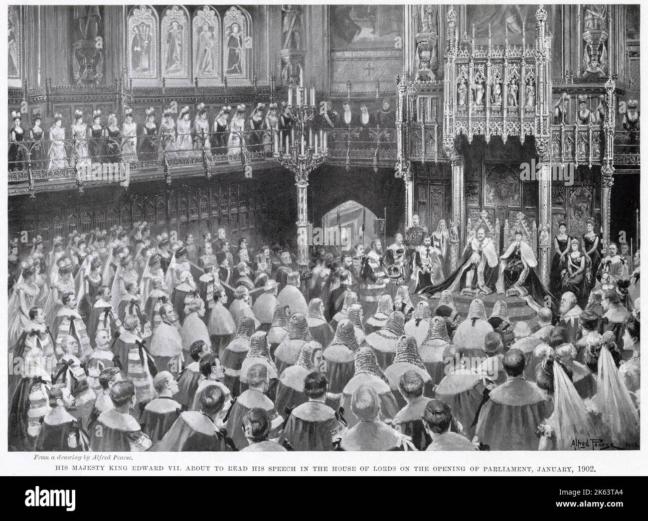 King Edward VII, about to read his speech in the House of Lords on the Opening of Parliament. Stock Photo