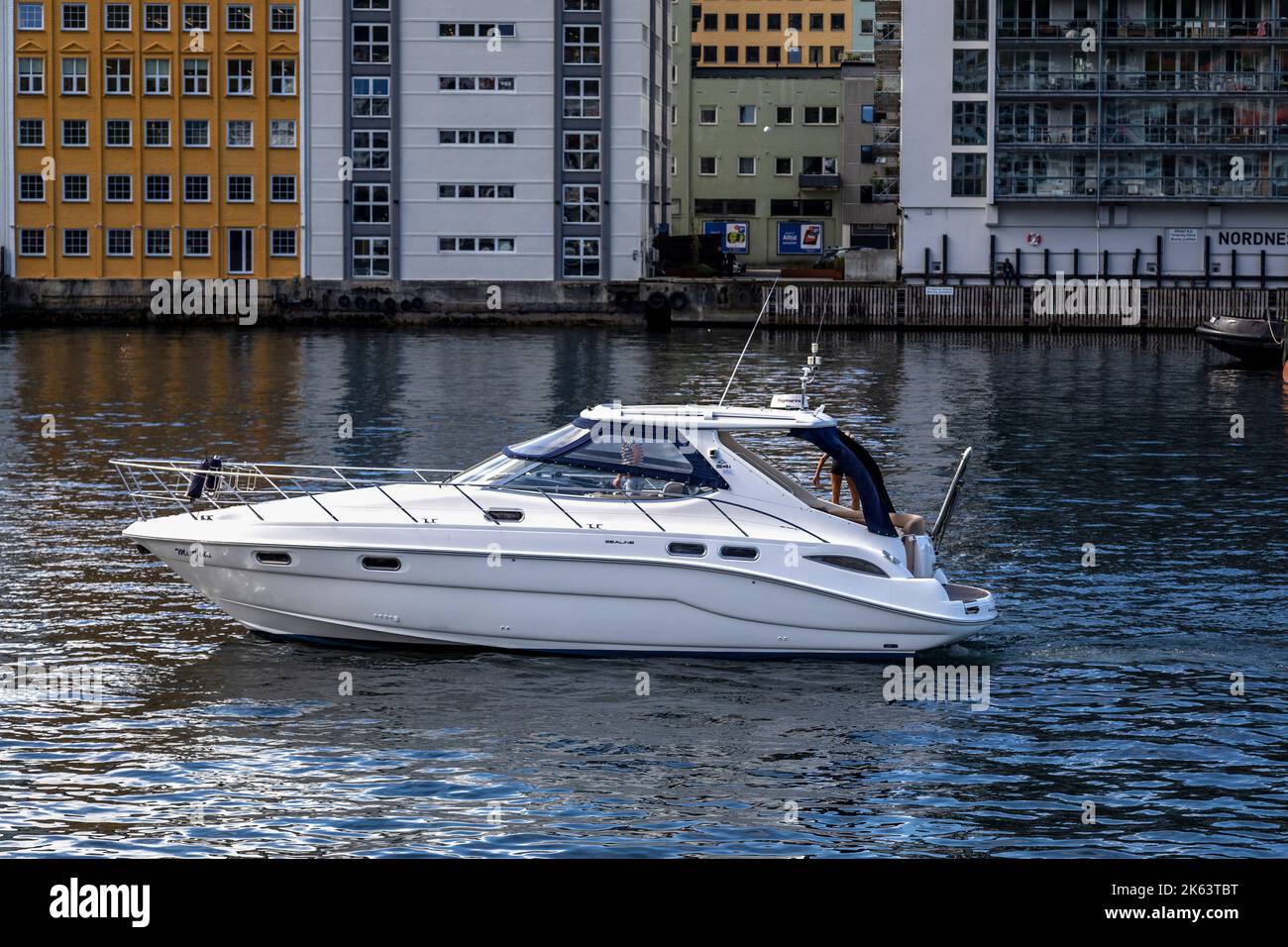 Pleasure craft, Mi Vida arriving at Vaagen, in port of Bergen, Norway. Stock Photo