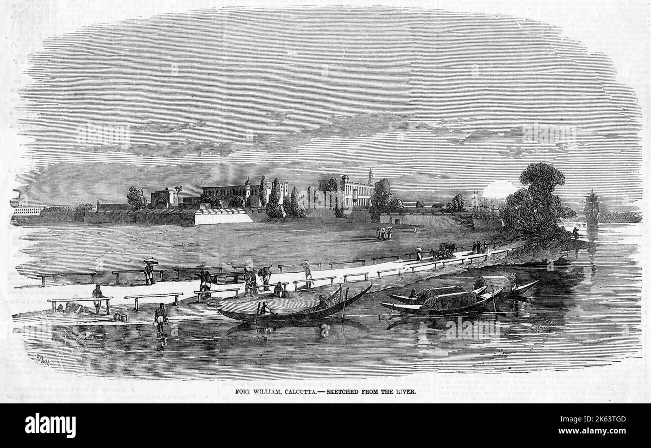 The British establishment at Fort William viewed from the Hugli river.       Date: 1857 Stock Photo