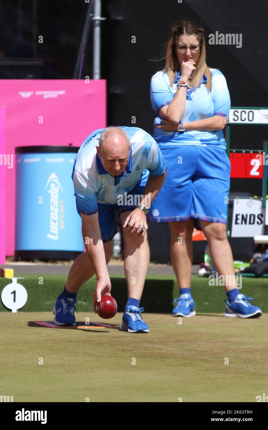 Robert BARR (Skip) of Scotland (pictured) v Wales in the Para Mixed Pairs B2/B3 - Gold Medal Match in the lawn bowls at the 2022 Commonwealth games at Victoria Park, Royal Leamington Spa. Stock Photo