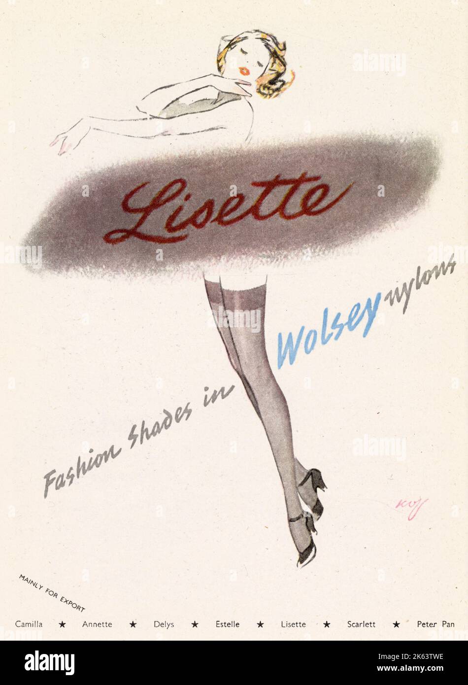 Advertisement for Wolsey nylons 'Lisette' shade featuring an elegant woman with shapely legs clad in stockings. Stock Photo