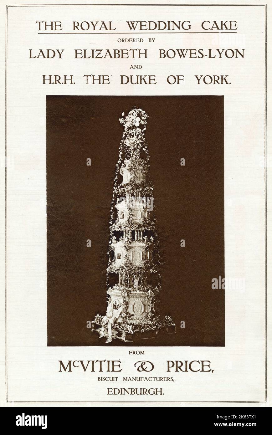 Advertisement for the 10ft high royal wedding of the Duke of York to Lady Elizabeth Bowes-Lyon, placed by McVitie and Price of Edinburgh, who strangely, call themselves biscuit makers. Stock Photo